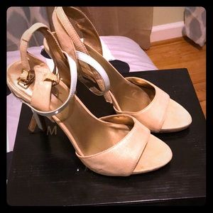 Gold and light blue heeled sandals